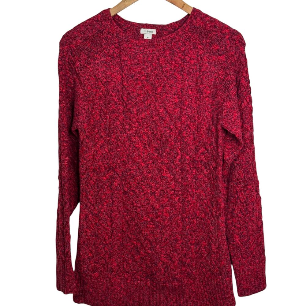 L.L. Bean Size Medium 100% Cotton Red Black Marled Cable Knit Pullover Sweater